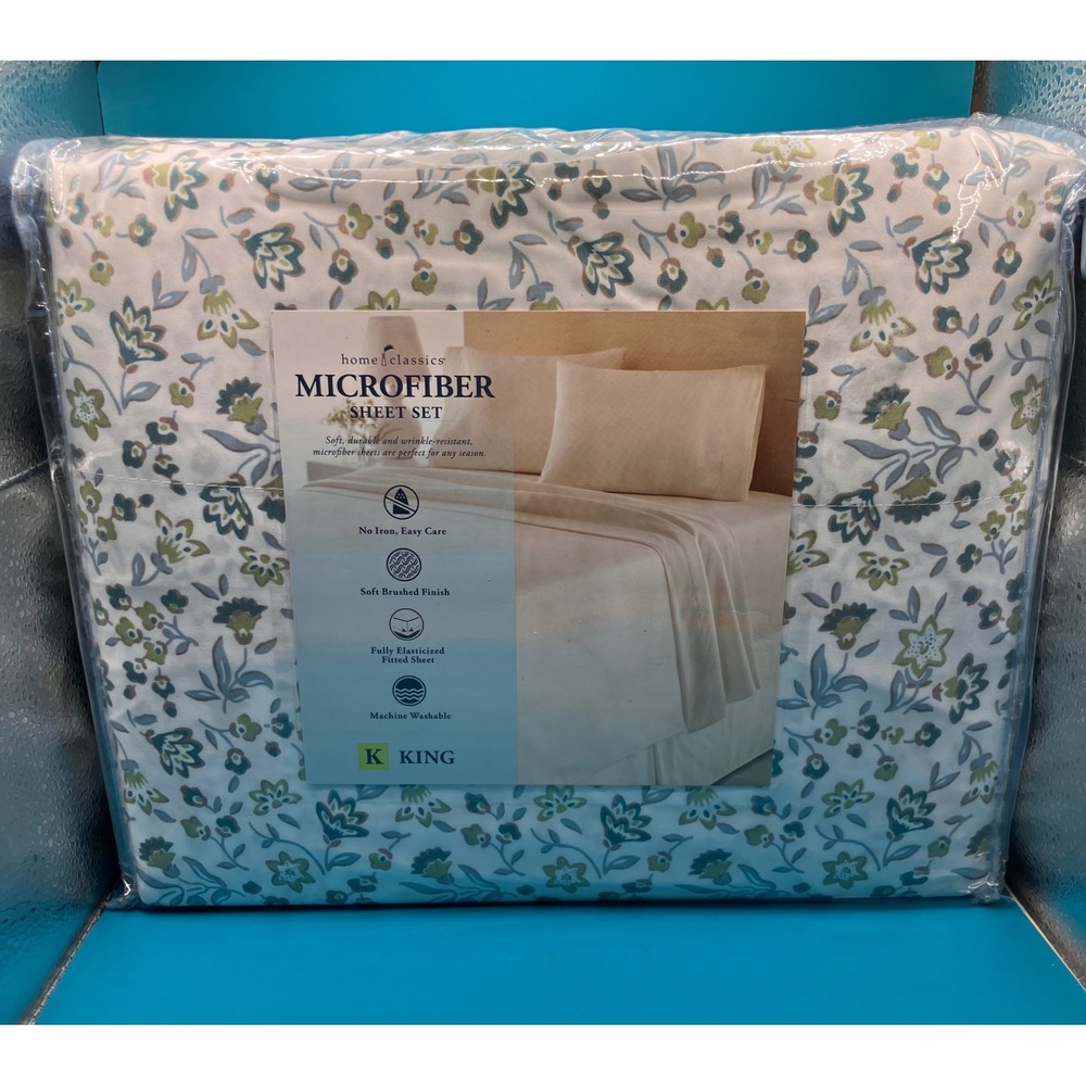 Home Classics Sheet Set King Multi Paris Floral Microfiber 4pc Green Blue